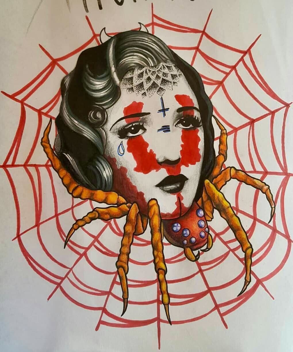 Neo-traditional illustration of a woman with spider legs and red spiderweb