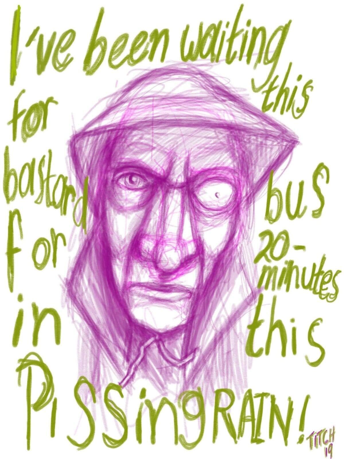 Purple portrait with lime green handwritten text about waiting in the rain